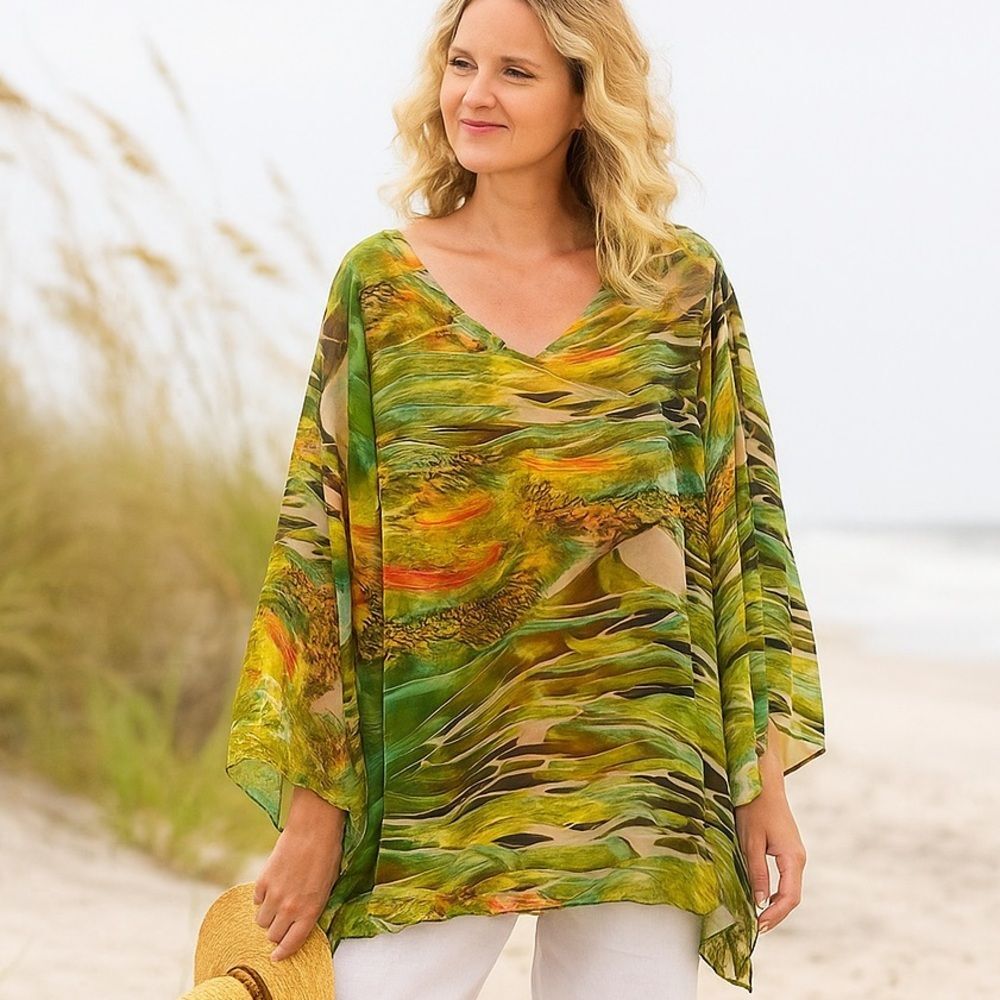 J Valdi Watercolor Print Sheer Poncho Top Medium Beach Cover Up Resortwear Artsy